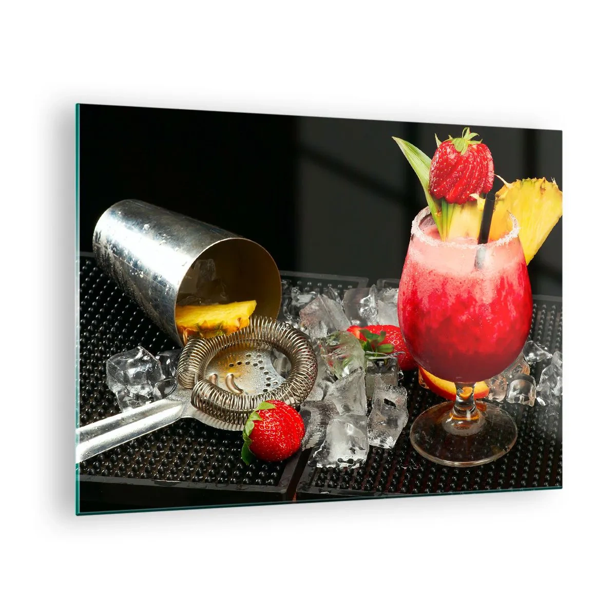 Billede på glas - En farverig drink med frugt og en shaker på is - 70x50cm - Fremkald smagen - Moderne vægdekoration til stue og soveværelse ARTTOR