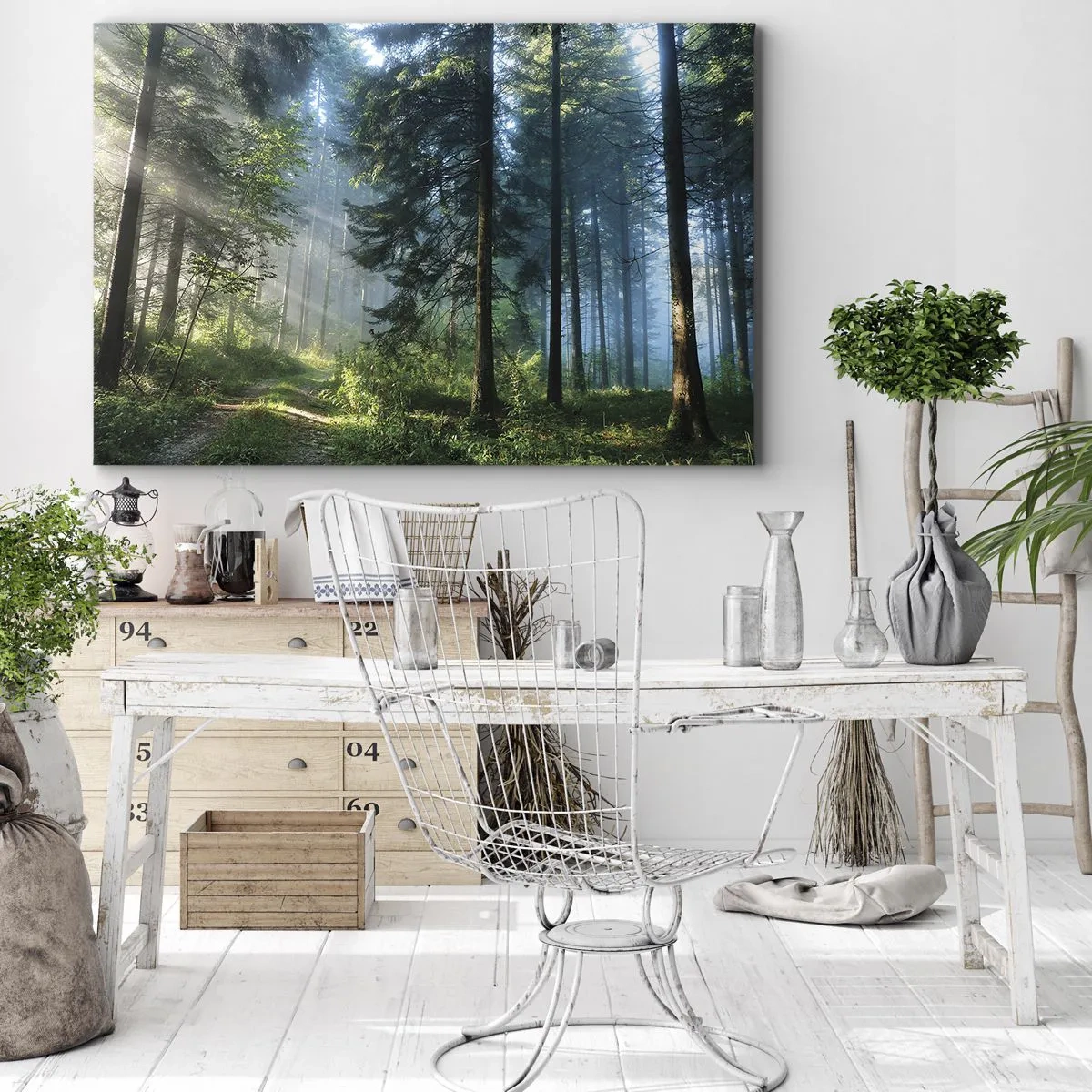 Lærredstryk - Billede på lærred - En skovsti oplyst af morgensolens stråler - 70x50cm - Strålende om morgenen - Moderne vægdekoration til stue og soveværelse ARTTOR