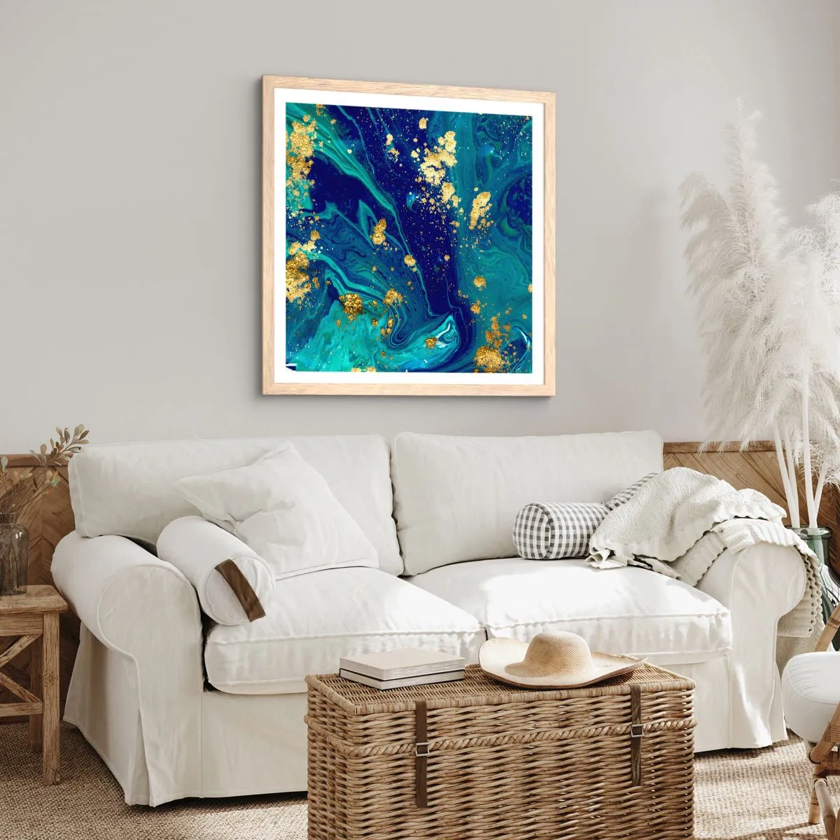 Plakat i ramme af lyst egetræ - Solblade  - 50x50 cm