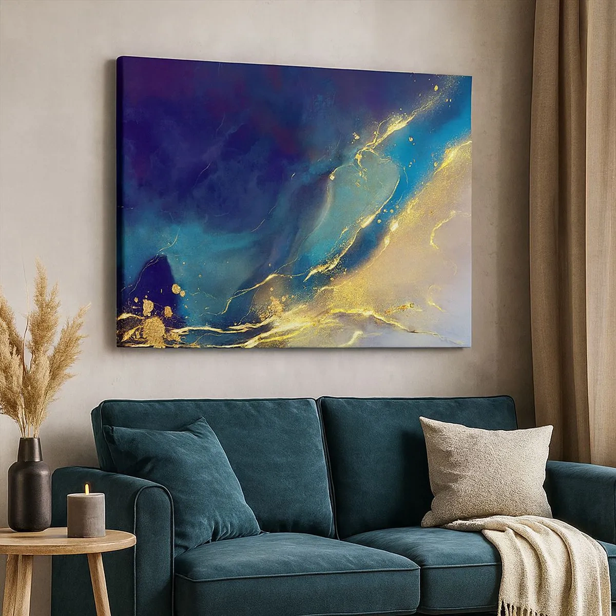 Lærredstryk - Billede på lærred - Abstrakt komposition i nuancer af blå og guld på lærred - 70x50cm - Gylden marsk - Moderne vægdekoration til stue og soveværelse ARTTOR
