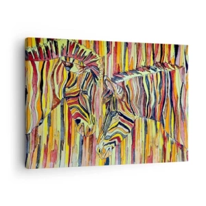 Lærredstryk - Billede på lærred - Farverige zebraer mod en baggrund af abstrakte striber - 70x50cm - Så du også... - Moderne vægdekoration til stue og soveværelse ARTTOR