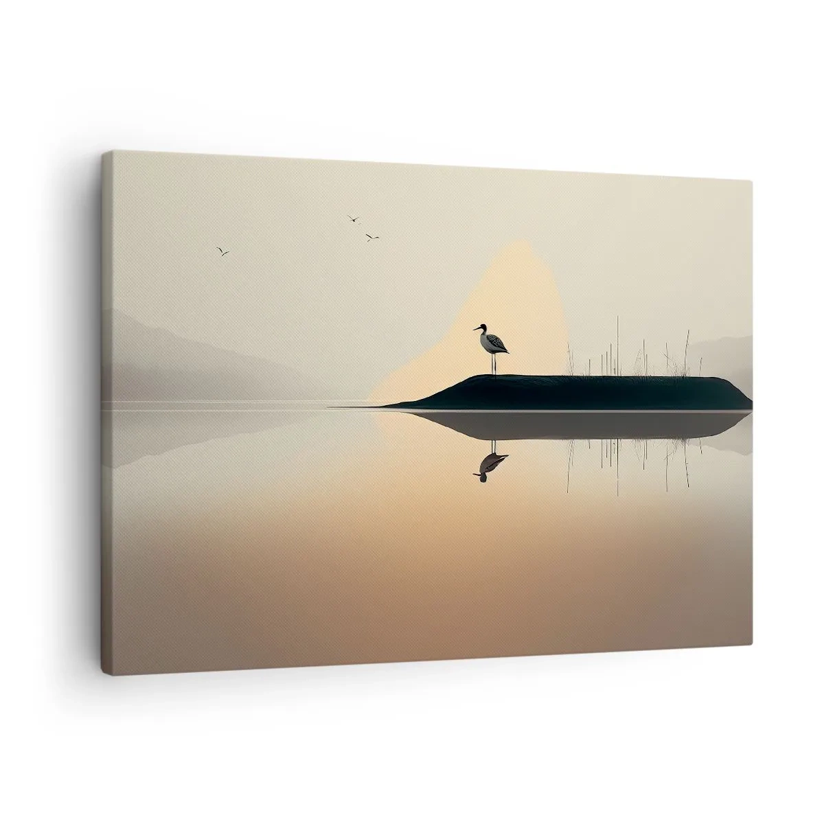 Lærredstryk - Billede på lærred - En fugl på en ø i en rolig sø med varme farver - 70x50cm - Herre på søen - Moderne vægdekoration til stue og soveværelse ARTTOR