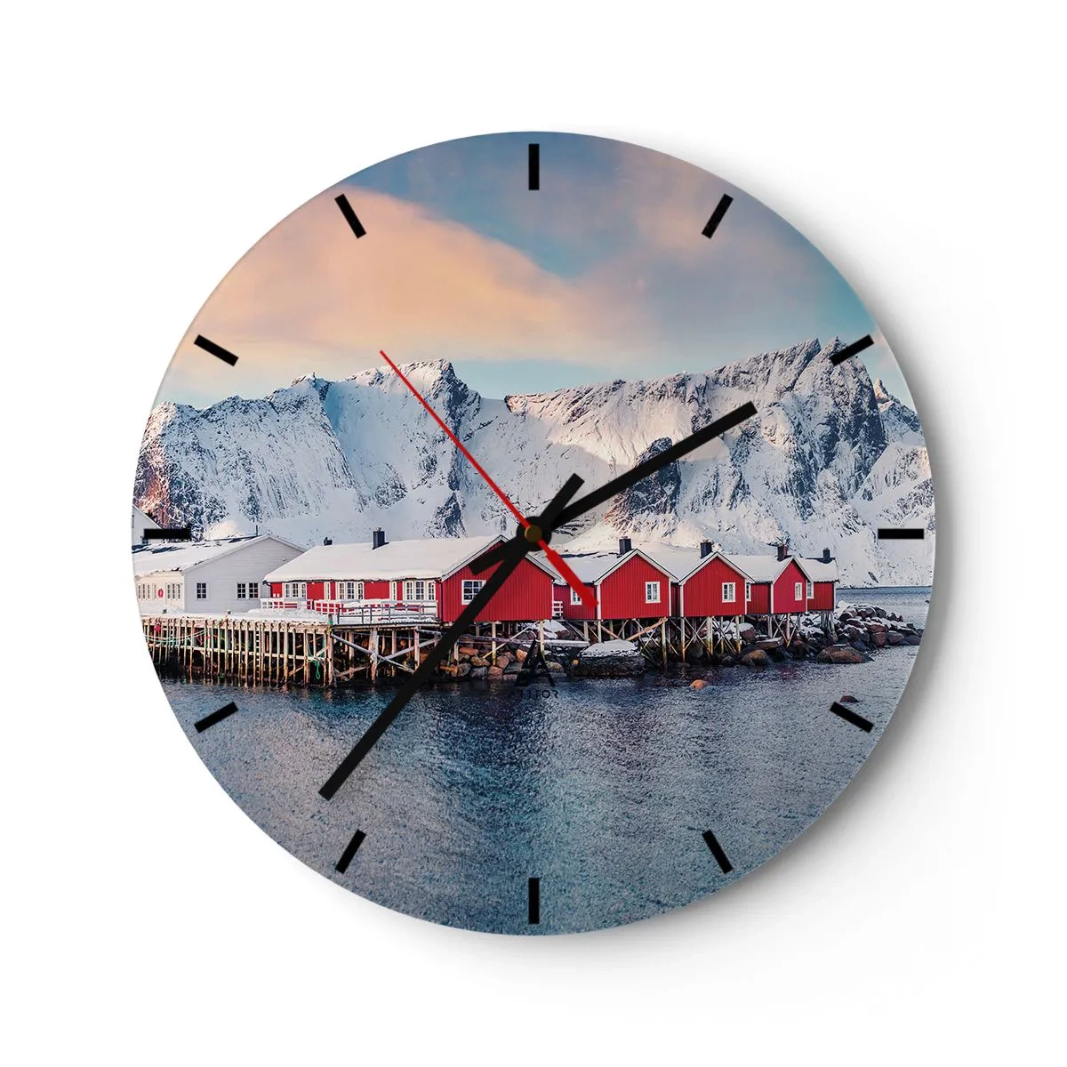 Vægur, Uret - Røde huse mod baggrunden af snedækkede bjerge og havet - 30x30cm - Nordlig tilbagetrækning - Moderne vægdekoration til stue, køkken og soveværelse ARTTOR