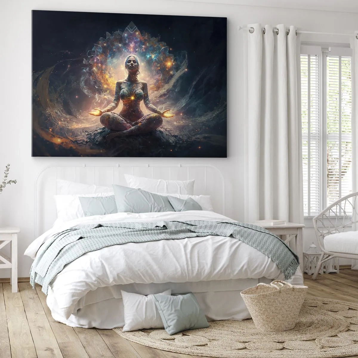 Lærredstryk - Billede på lærred - En mediterende figur omgivet af energiske mønstre og farver. - 70x50cm - Flow af god energi - Moderne vægdekoration til stue og soveværelse ARTTOR