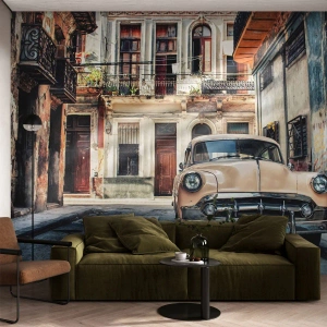 Fototapet Premium Sand - Siesta i Havana - Veteranbil, Arkitektur, By - 400x280 cm