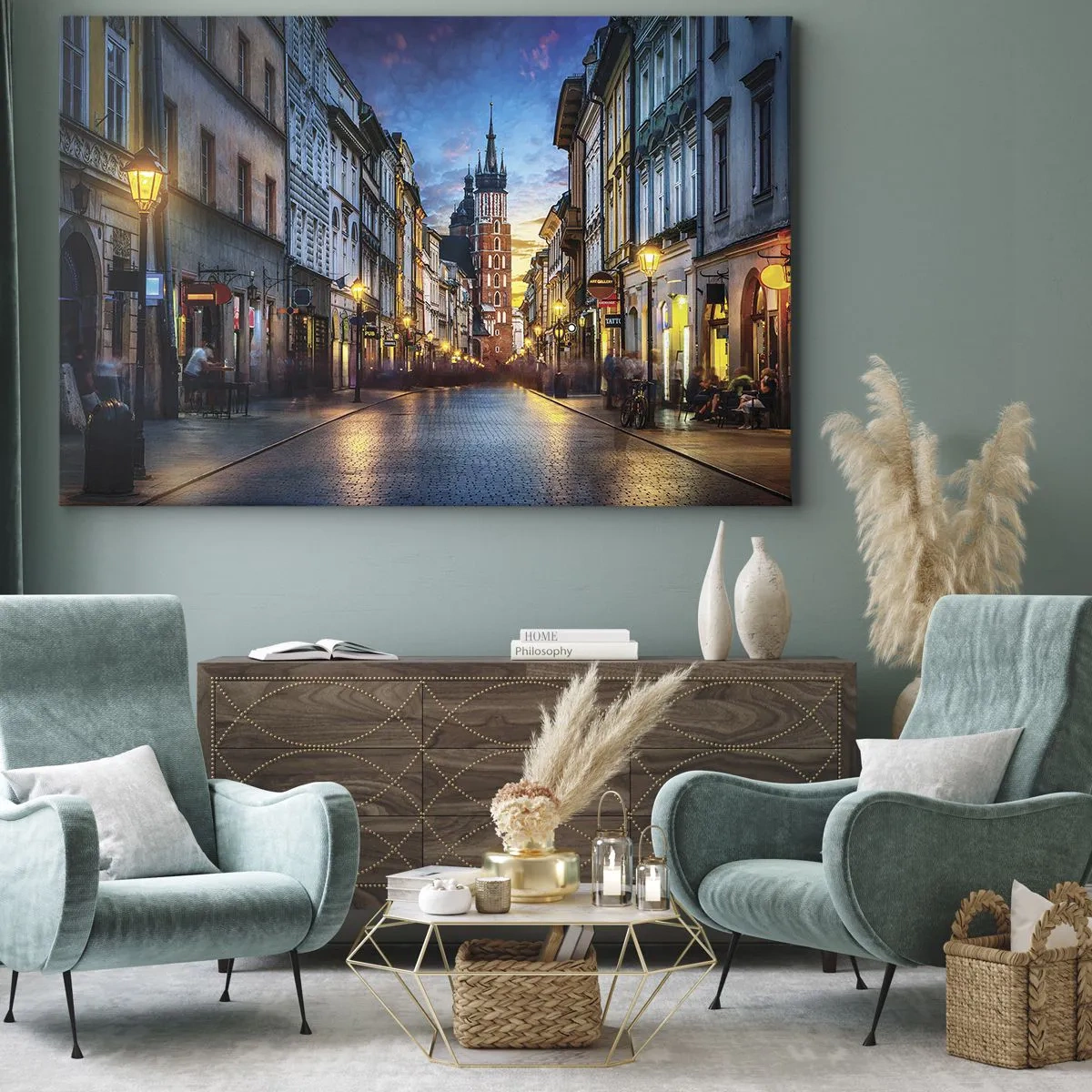 Lærredstryk - Billede på lærred - Aftengade med udsigt over Krakows domkirke - 70x50cm - Krakows charme - Moderne vægdekoration til stue og soveværelse ARTTOR
