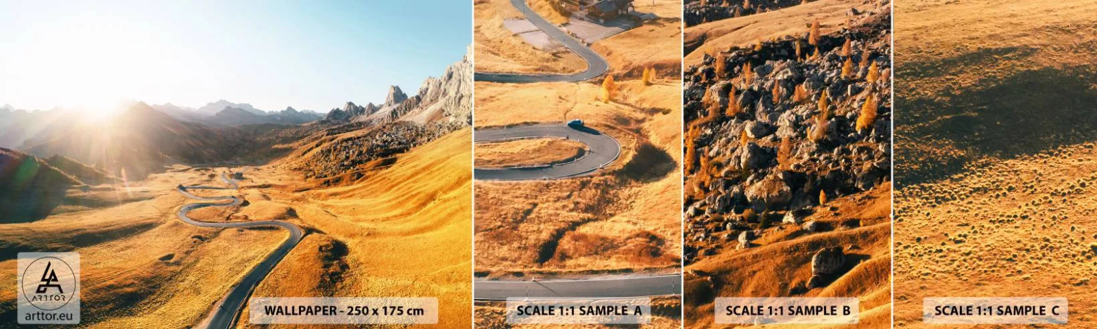 Prøve Fototapet Selvklæbende Deluxe Sticker - I en gylden dal - Landskab, Bjerge, Italien - 100x30 cm