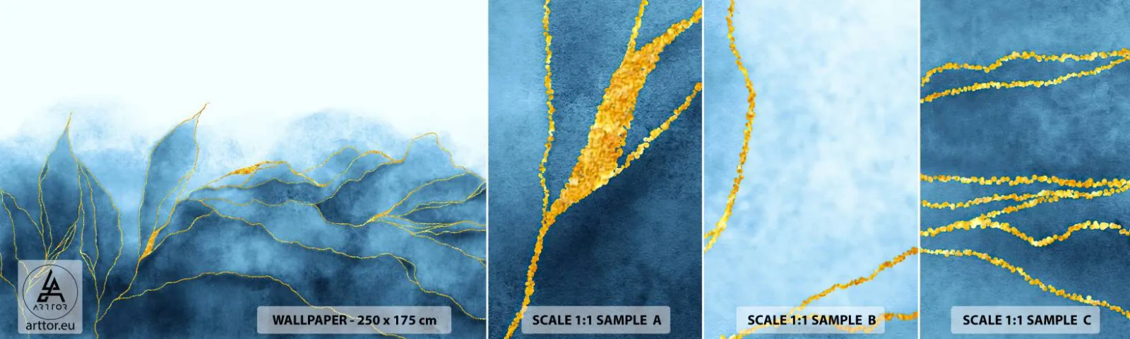 Fototapet Prøve Standard Eco - Blå i guld - Luksus, Glamour, Abstraktion - 100x30 cm