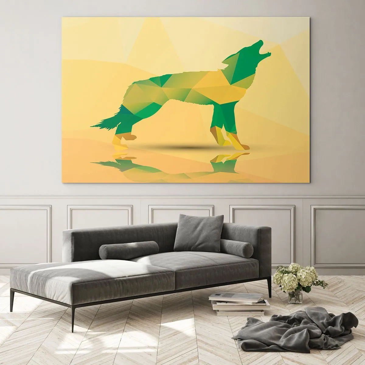 Billede på glas - Geometrisk ulv i farverig abstraktion - 70x50cm - Ensom ulv - Moderne vægdekoration til stue og soveværelse ARTTOR