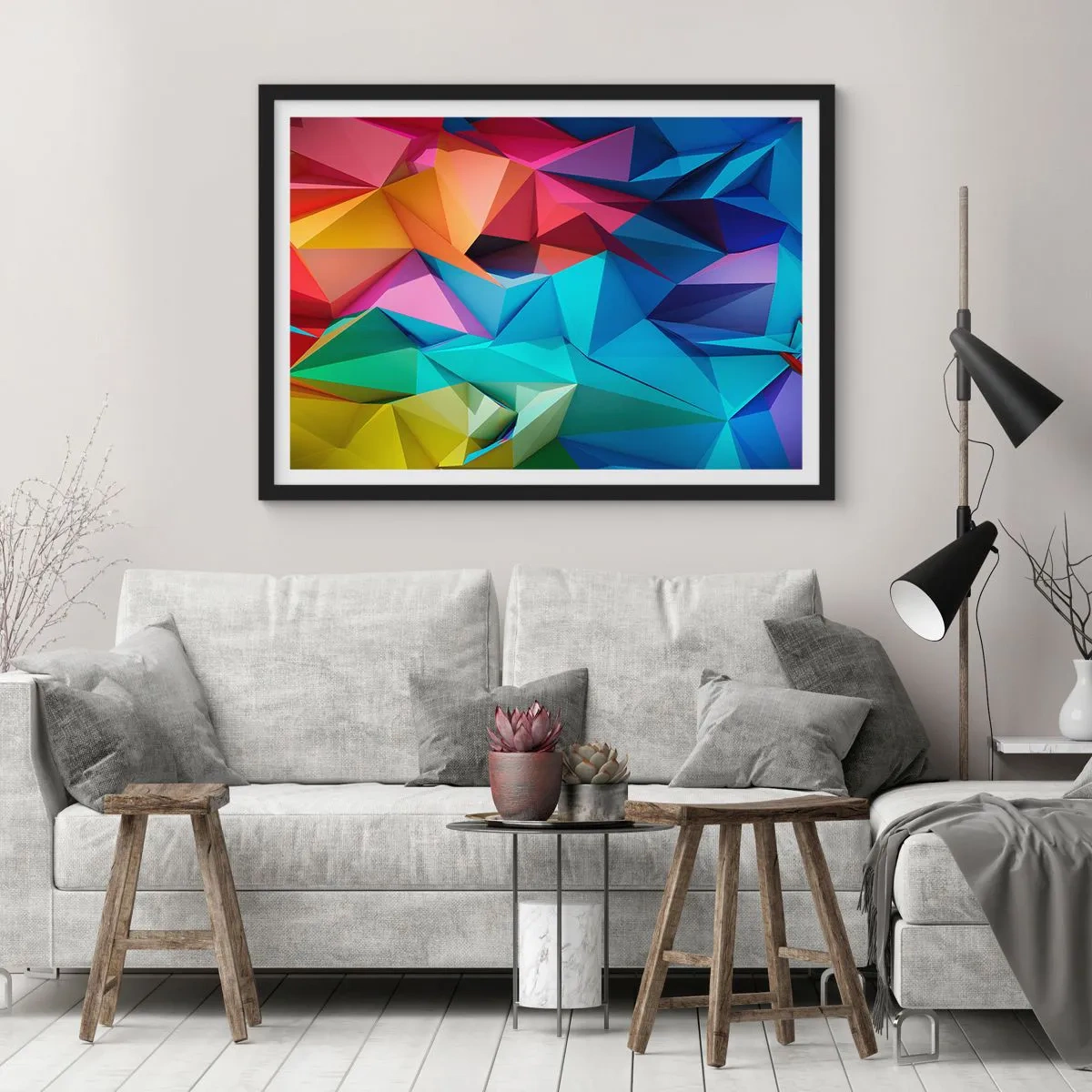 Plakat i sort ramme - Regnbue origami - 70x50 cm