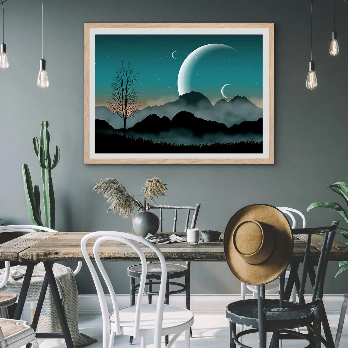 Plakat i ramme af lyst egetræ - Karneval i den stjerneklare nat - 100x70 cm