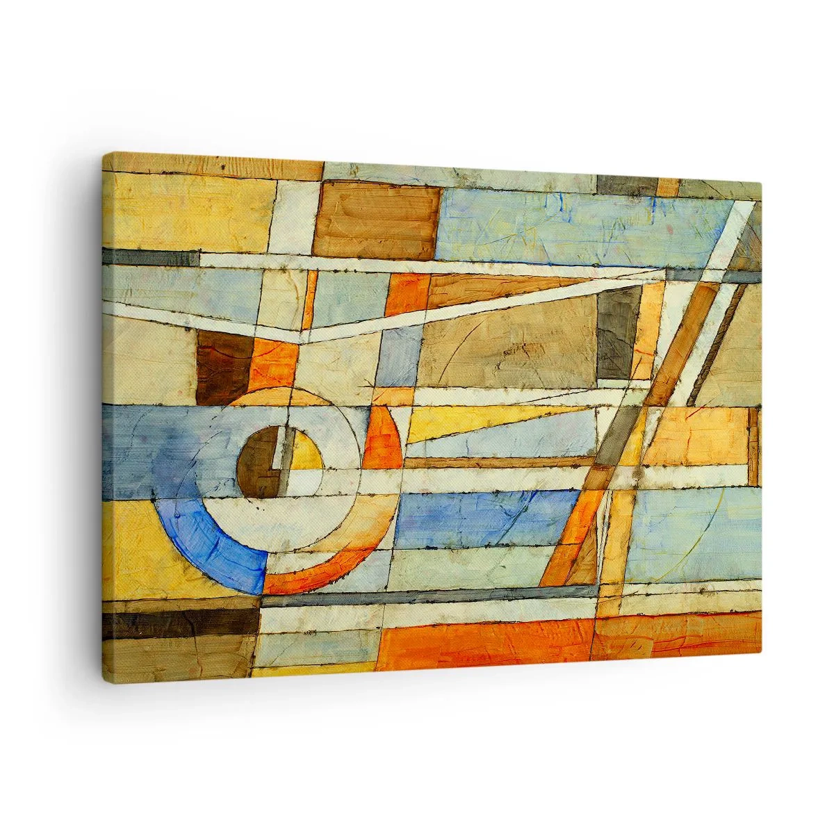 Lærredstryk - Billede på lærred - Geometrisk abstraktion i nuancer af beige, blå og orange - 70x50cm - Kubisme på en byggeplads - Moderne vægdekoration til stue og soveværelse ARTTOR