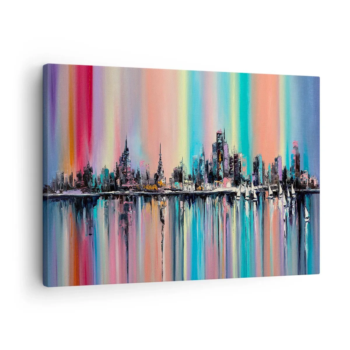Lærredstryk - Billede på lærred - Farverigt bybillede med refleksion på vandet - 70x50cm - Skinne nattens lys - Moderne vægdekoration til stue og soveværelse ARTTOR