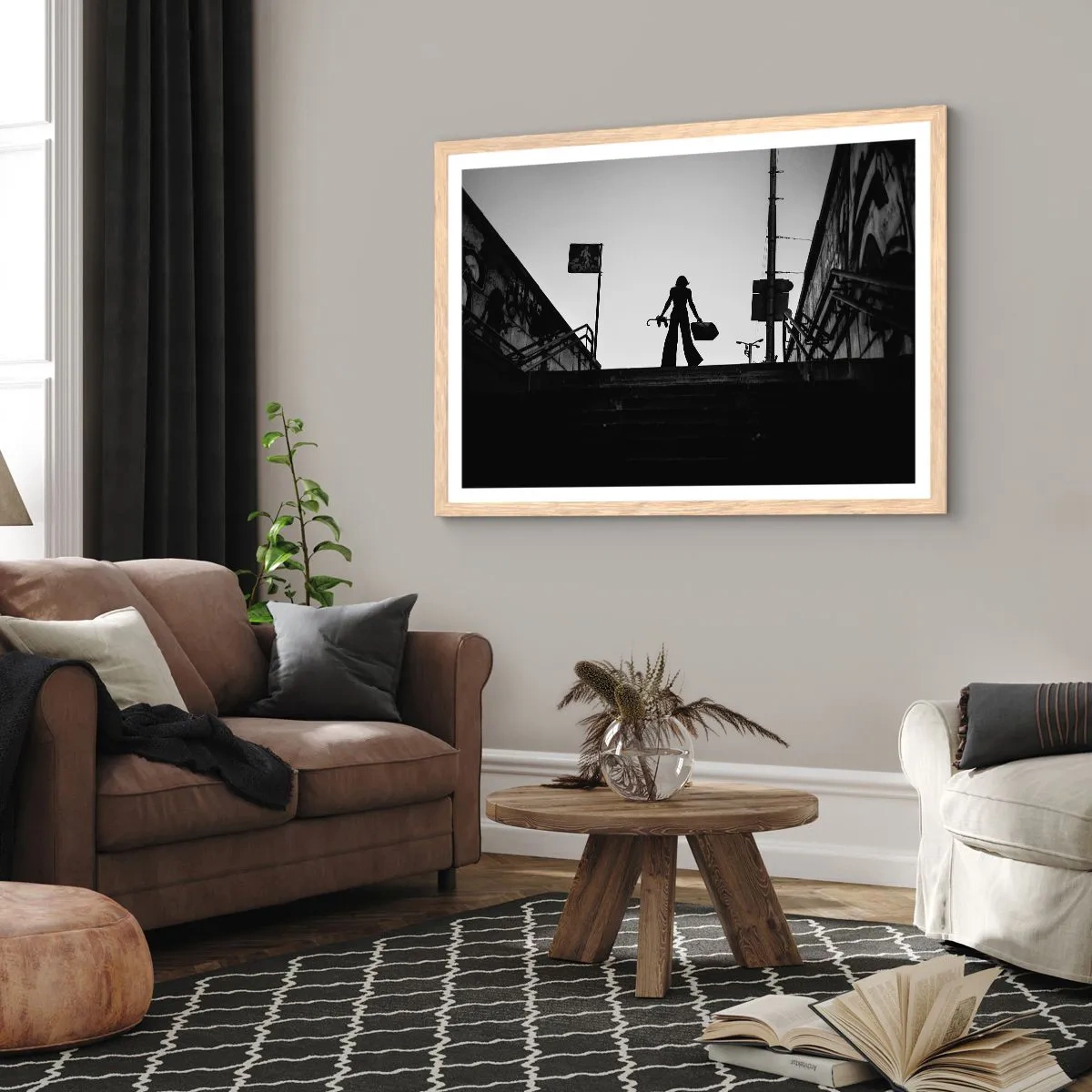 Plakat i ramme af lyst egetræ - Vandring i byen - 100x70 cm