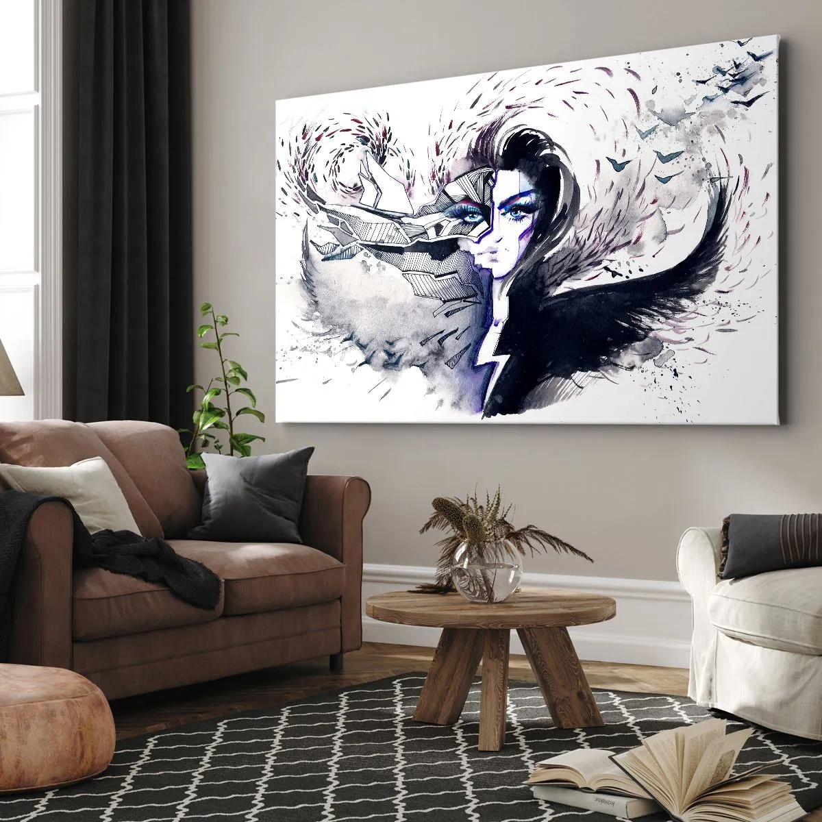 Lærredstryk - Billede på lærred - Abstrakt ansigt med kontrasterende elementer og et vingemotiv - 70x50cm - Dæmonisk og smuk - Moderne vægdekoration til stue og soveværelse ARTTOR