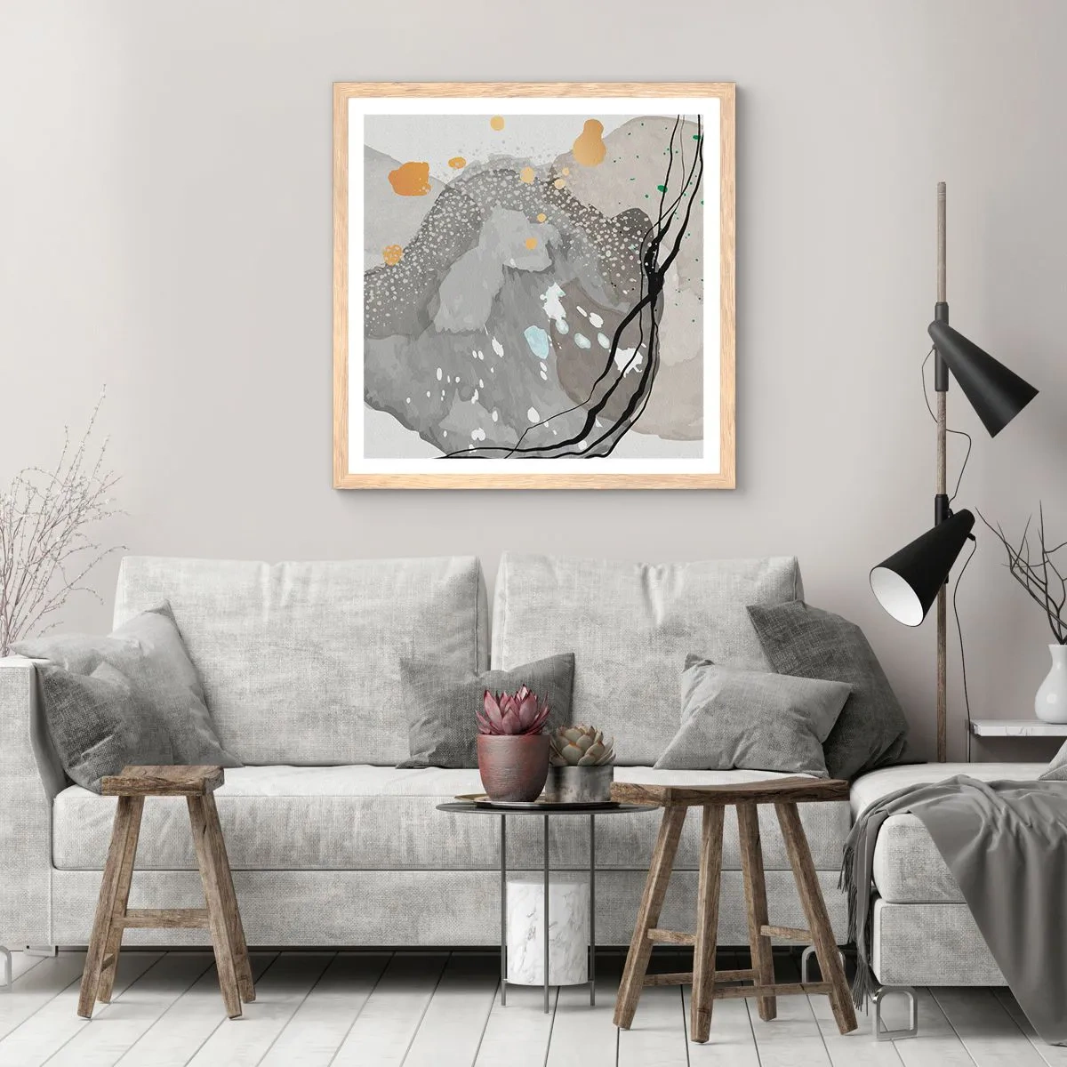 Plakat i ramme af lyst egetræ - Organisk komposition - 30x30 cm