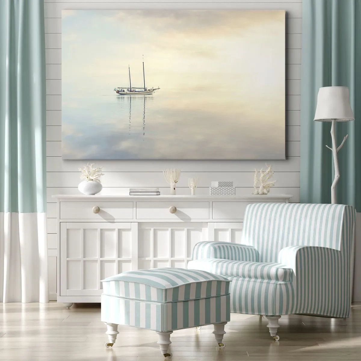 Lærredstryk - Billede på lærred - En båd på et roligt hav i et blødt lys - 70x50cm - I et hav af stilhed - Moderne vægdekoration til stue og soveværelse ARTTOR