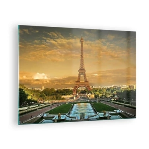 Billede på glas - Eiffeltårnet omgivet af parisiske haver ved solnedgang - 70x50cm - Dronningen af Paris - Moderne vægdekoration til stue og soveværelse ARTTOR