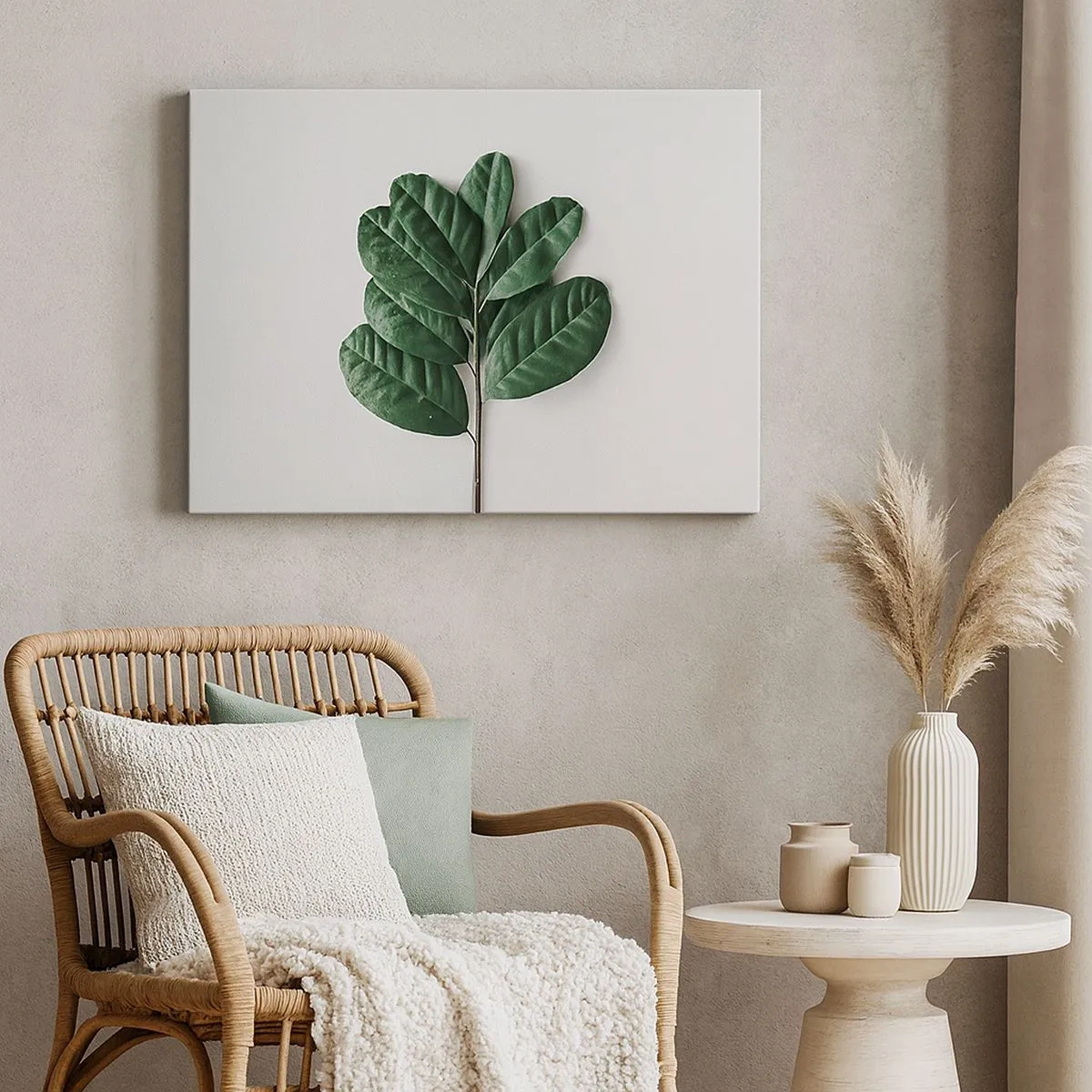 Lærredstryk - Billede på lærred - En kvist grønne blade på en lys baggrund - 70x50cm - Tegning af selve naturen - Moderne vægdekoration til stue og soveværelse ARTTOR