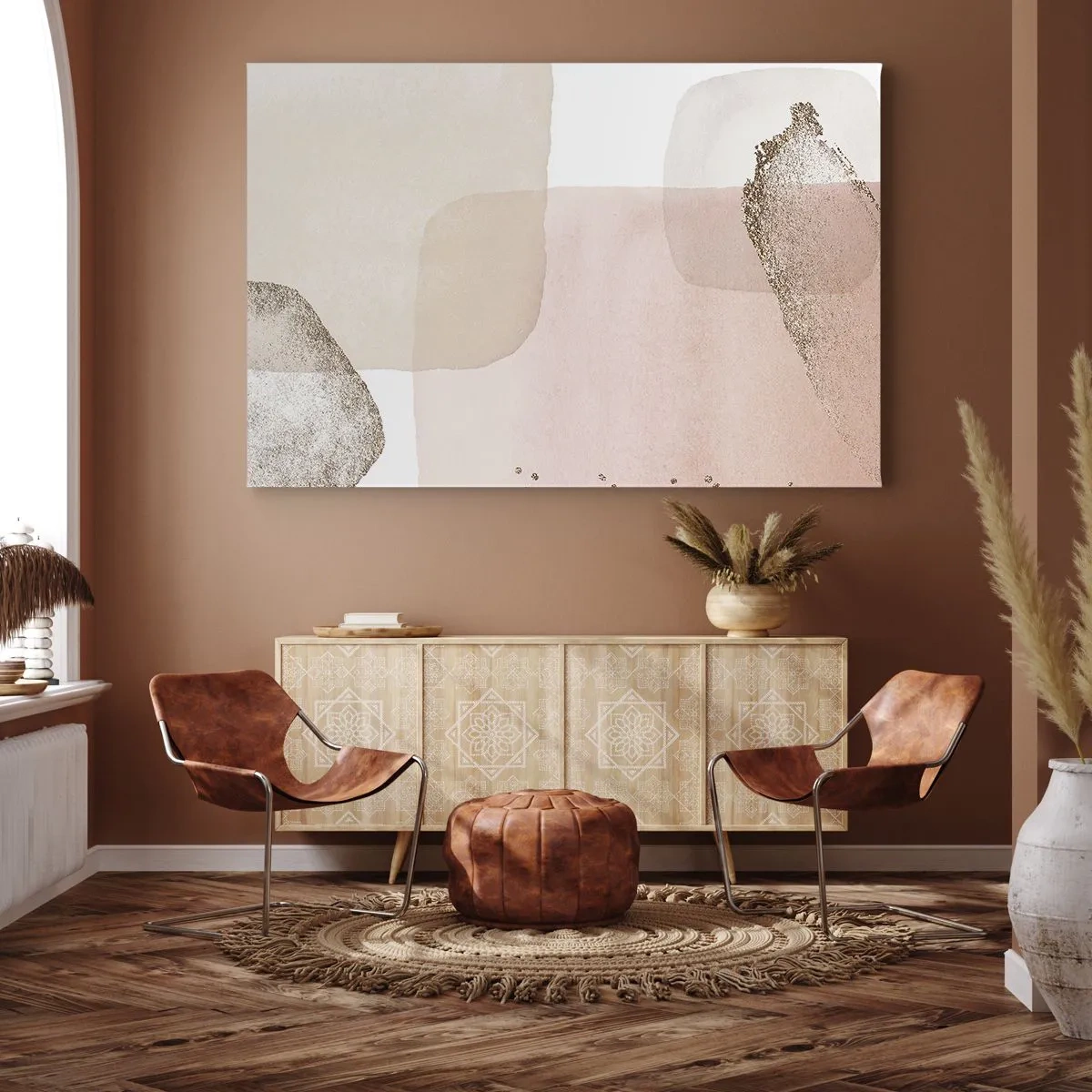 Lærredstryk - Billede på lærred - Pastelpletter med guldelementer - 70x50cm - Et kig gennem farver - Moderne vægdekoration til stue og soveværelse ARTTOR