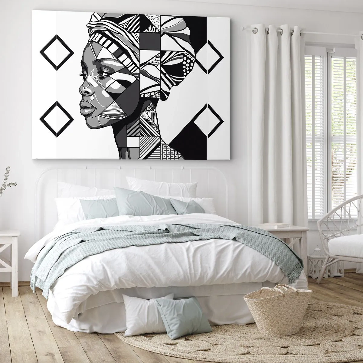 Lærredstryk - Billede på lærred - Sort-hvidt portræt af en kvinde i etnisk stil - 70x50cm - Etnisk portræt - Moderne vægdekoration til stue og soveværelse ARTTOR