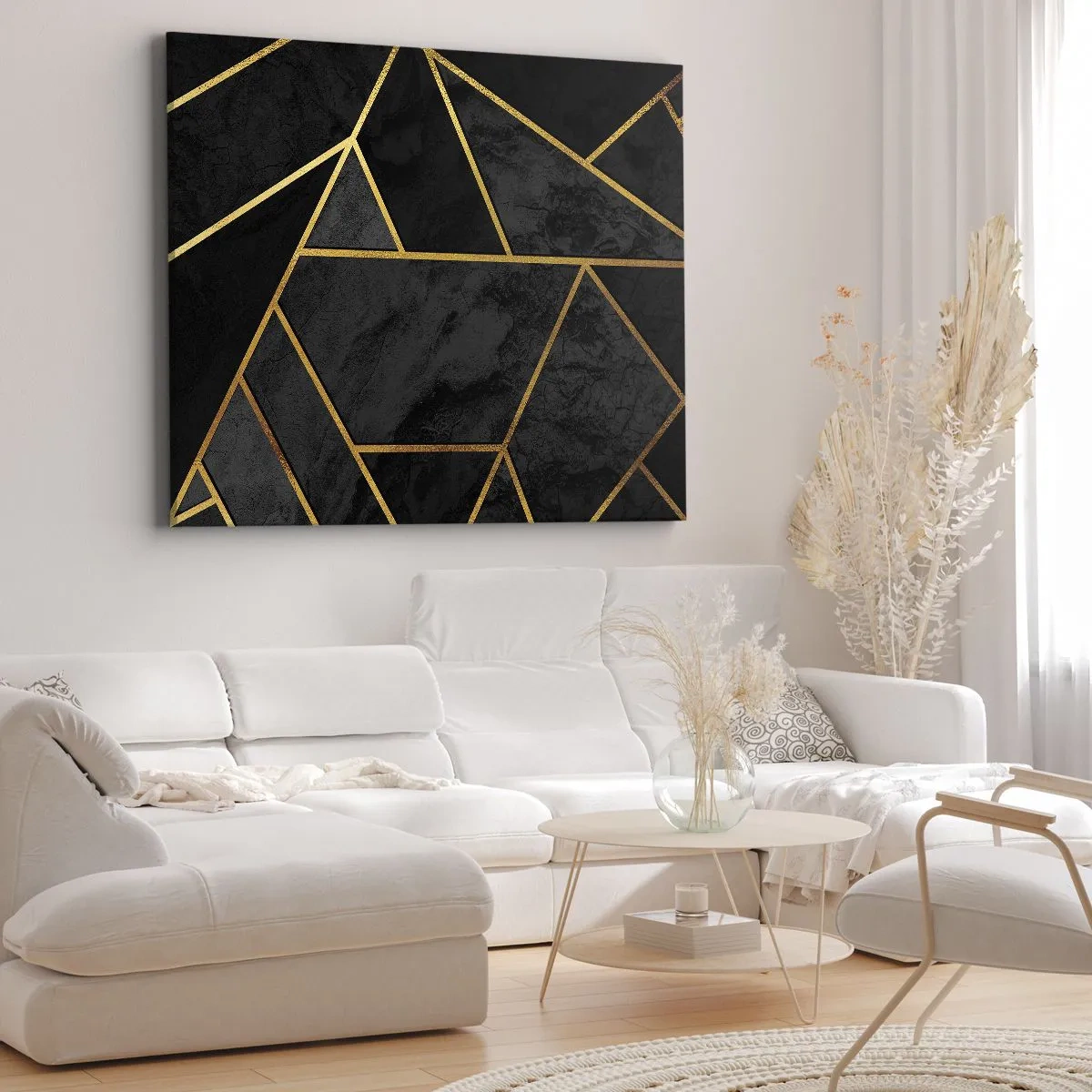 Lærredstryk - Billede på lærred - Geometrisk guldmønster på sort baggrund - 70x50cm - Mørke og lys - Moderne vægdekoration til stue og soveværelse ARTTOR
