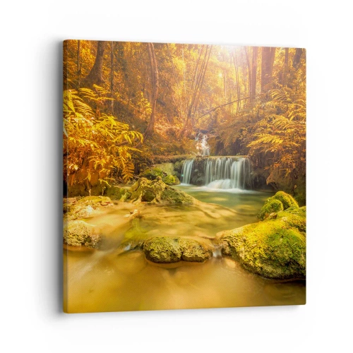 Lærredstryk - Billede på lærred - Skovkaskade i guld - 40x40 cm