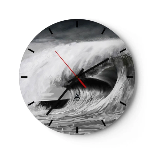 Vægur, Uret - En dynamisk bølge i nuancer af sort og hvid - 30x30cm - Havets vrede - Moderne vægdekoration til stue, køkken og soveværelse ARTTOR