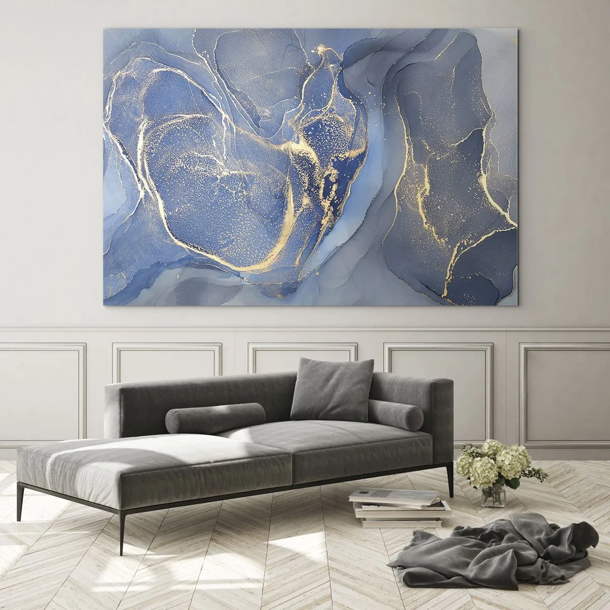 Billede på glas - En abstrakt komposition i nuancer af marineblå og guld - 70x50cm - Guldstøv - Moderne vægdekoration til stue og soveværelse ARTTOR