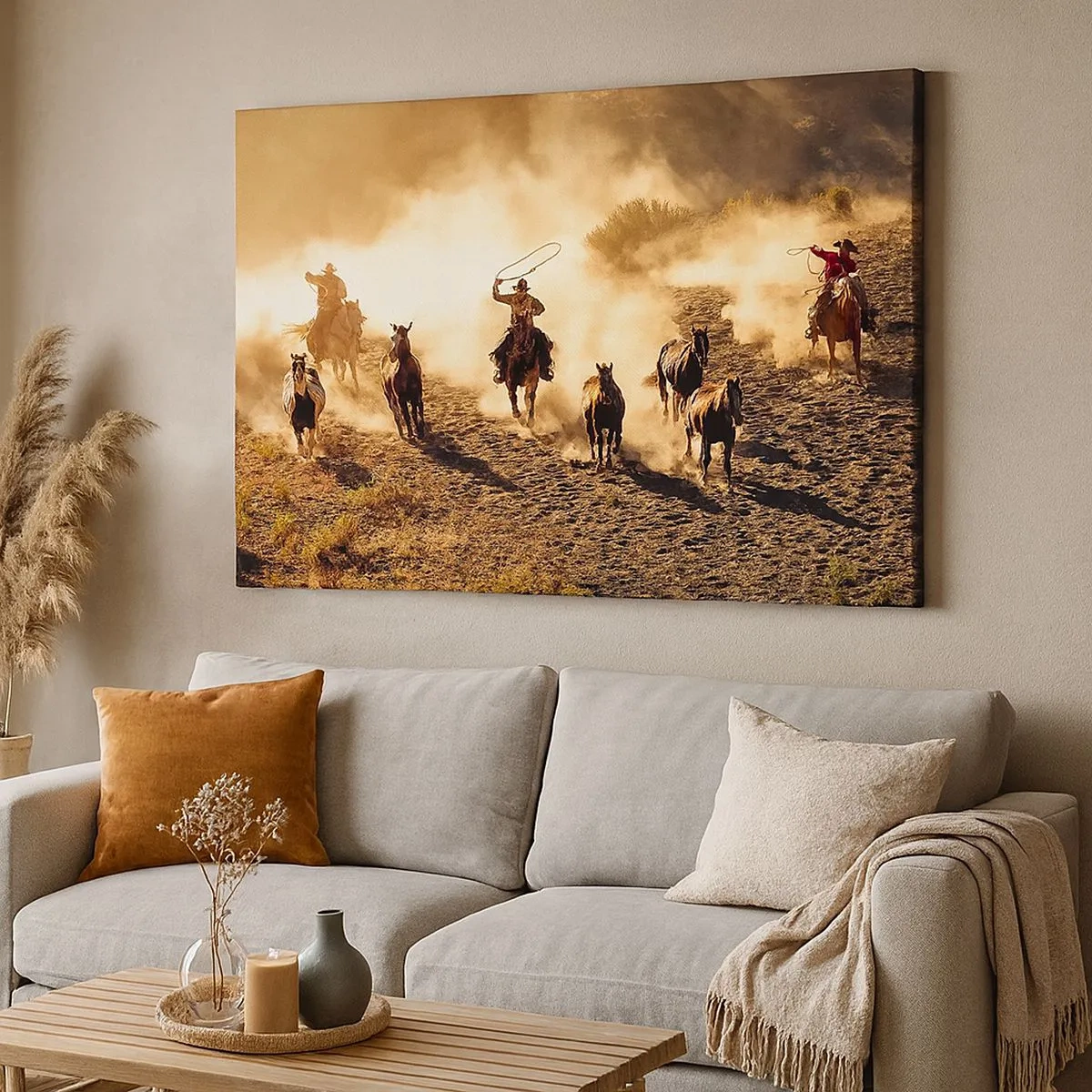 Lærredstryk - Billede på lærred - Cowboys på hesteryg i aktion i ørkenterrænet - 70x50cm - Et ægte vildt vesten - Moderne vægdekoration til stue og soveværelse ARTTOR