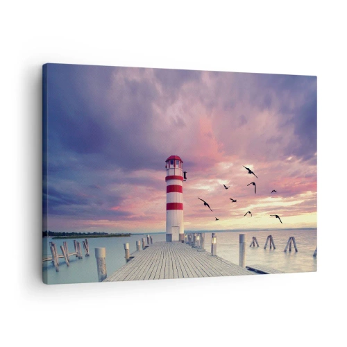 Lærredstryk - Billede på lærred - Et fyrtårn på molen omgivet af en malerisk solnedgang - 70x50cm - Det er tid til havnen - Moderne vægdekoration til stue og soveværelse ARTTOR