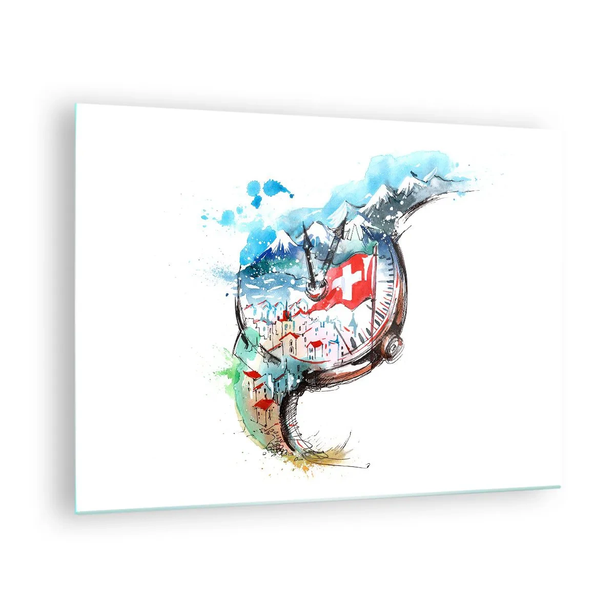 Billede på glas - Akvarelmaleri af et schweizisk landskab med et flag og et ur - 70x50cm - Schweiz' ånd - Moderne vægdekoration til stue og soveværelse ARTTOR