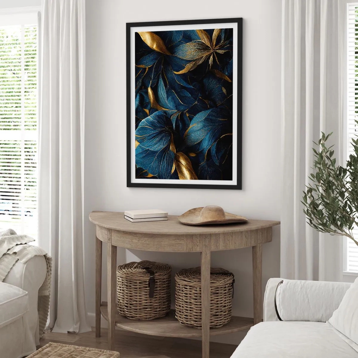 Plakat i sort ramme - Gyldne blade mod en dyb marineblå baggrund - 50x70cm - Foret med guld - Moderne vægdekoration til stue og soveværelse ARTTOR