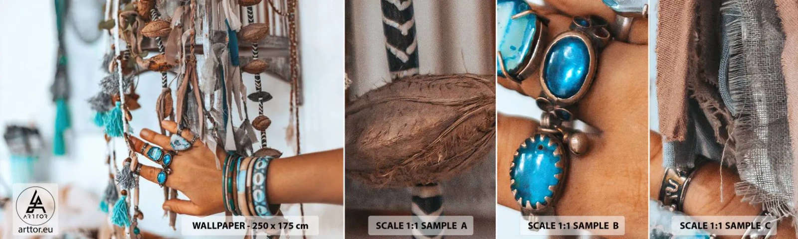 Fototapet Prøve Standard Eco - Lokale skatte - Kvindehånd, Smykker, Boho - 100x30 cm