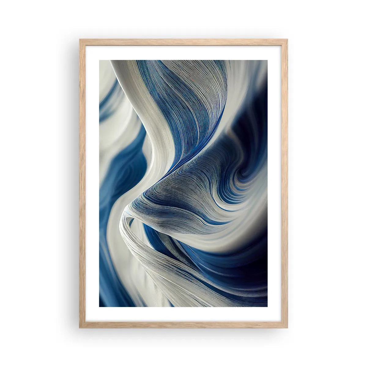 Plakat i ramme af lyst egetræ - Flydende blå og hvide farver - 50x70 cm