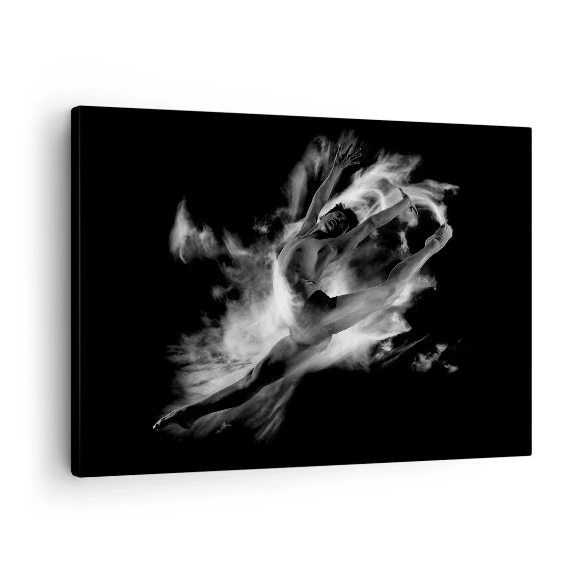 Lærredstryk - Billede på lærred - En danser i en dynamisk positur mod en sort baggrund - 70x50cm - Stoppet under flyvning - Moderne vægdekoration til stue og soveværelse ARTTOR