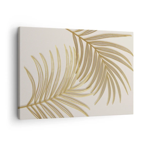 Lærredstryk - Billede på lærred - Gyldne palmeblade på en lys baggrund i minimalistisk stil - 70x50cm - Gylden palme! - Moderne vægdekoration til stue og soveværelse ARTTOR