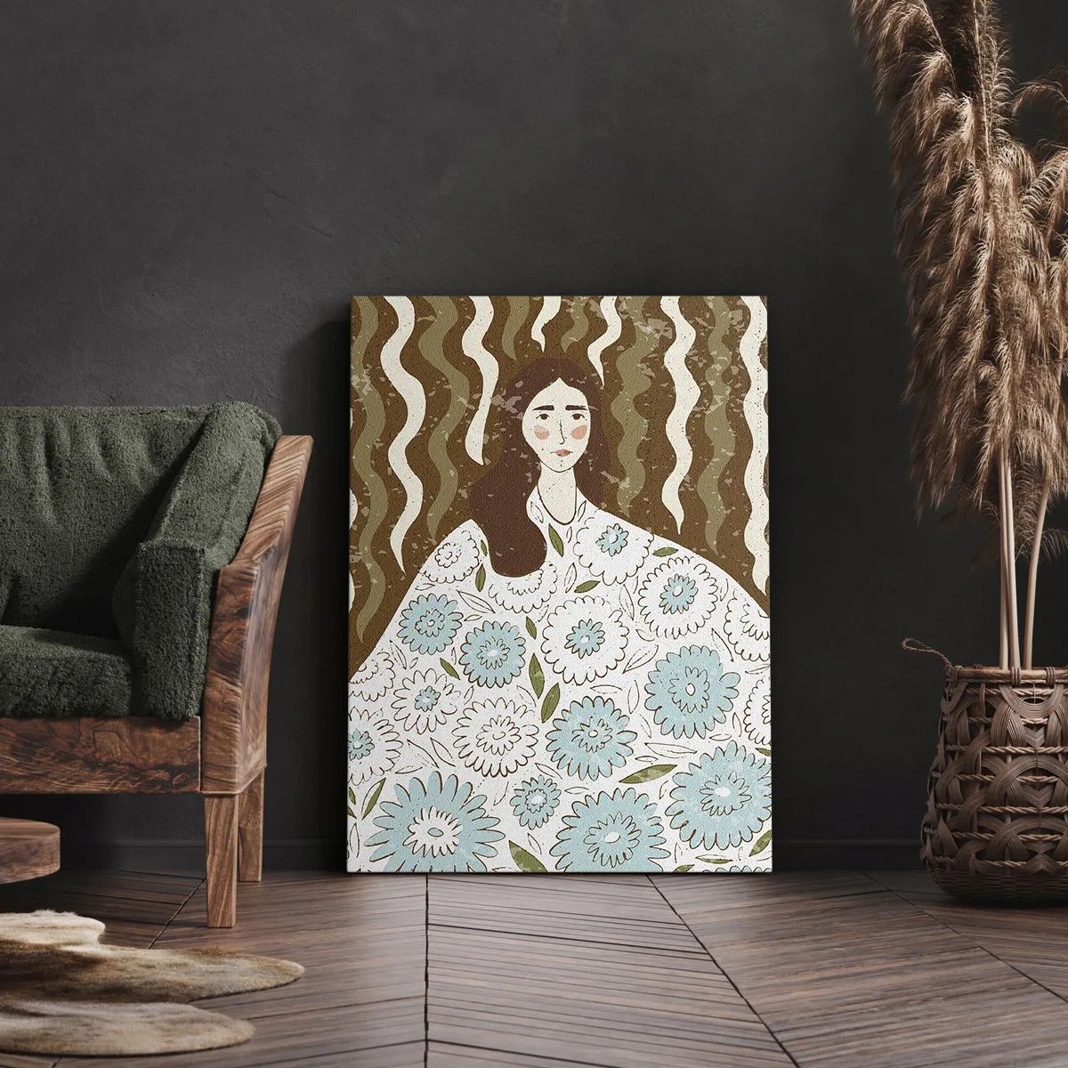 Lærredstryk - Billede på lærred - Portræt i en blomstret kappe - 45x80 cm