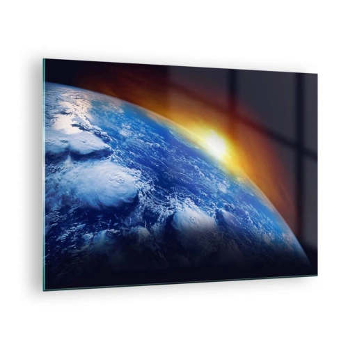 Billede på glas - Jorden i rummet oplyst af solens stråler - 70x50cm - Solopgang over den blå planet - Moderne vægdekoration til stue og soveværelse ARTTOR