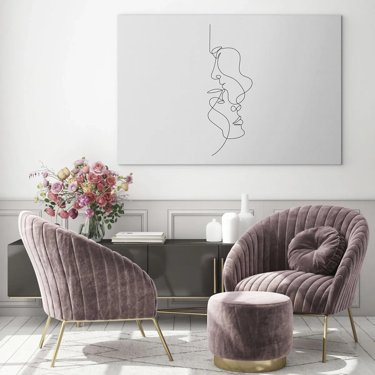 Billede på glas - En delikat tegning af to ansigter i én omrids - 70x50cm - Gløderne af glubende begær - Moderne vægdekoration til stue og soveværelse ARTTOR