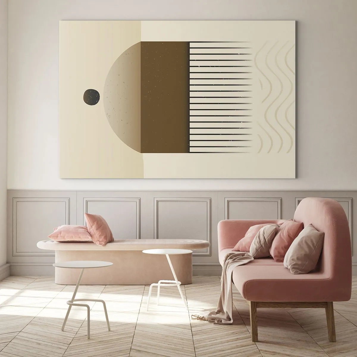 Billede på glas - Beige og brun abstraktion med geometriske former og linjer - 70x50cm - Forskellige stater - Moderne vægdekoration til stue og soveværelse ARTTOR