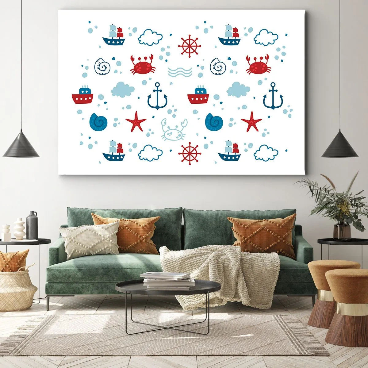 Lærredstryk - Billede på lærred - Nautisk mønster med ankre, skibe og krabber - 70x50cm - En fortælling om havet - Moderne vægdekoration til stue og soveværelse ARTTOR