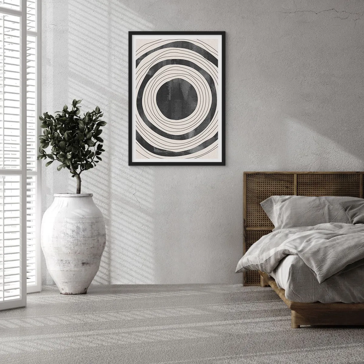 Plakat i sort ramme - Abstrakte koncentriske cirkler i sort og hvid - 50x70cm - Lige til det punkt - Moderne vægdekoration til stue og soveværelse ARTTOR