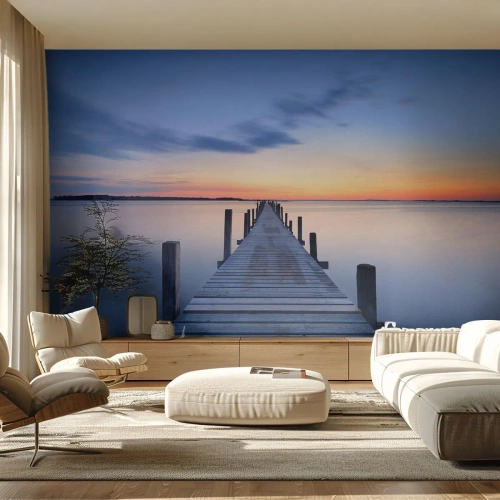 Fototapet Premium Sand - Den rolige skumringstid - Landskab, Bugt, træbro - 100x70 cm