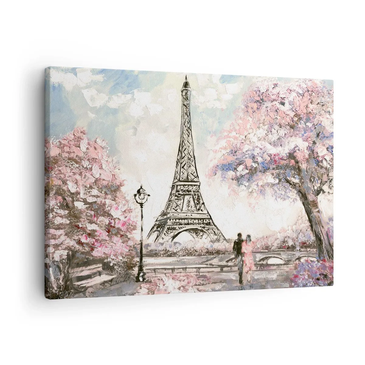 Lærredstryk - Billede på lærred - Eiffeltårnet omgivet af blomstrende træer - 70x50cm - April gåtur rundt i Paris - Moderne vægdekoration til stue og soveværelse ARTTOR