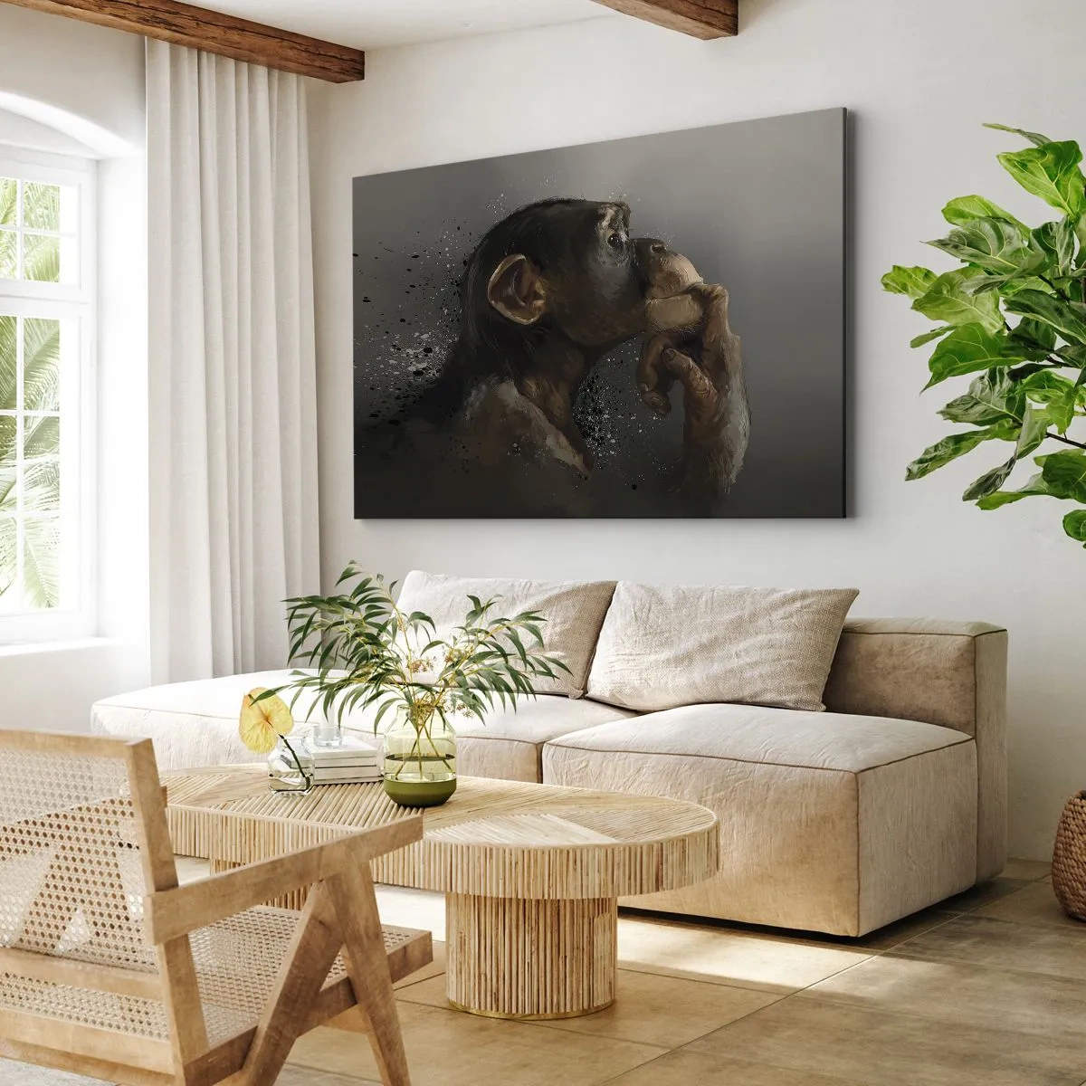 Lærredstryk - Billede på lærred - Portræt af en abe i en reflekterende positur mod en grå baggrund - 70x50cm - Helt sikkert en tænker - Moderne vægdekoration til stue og soveværelse ARTTOR