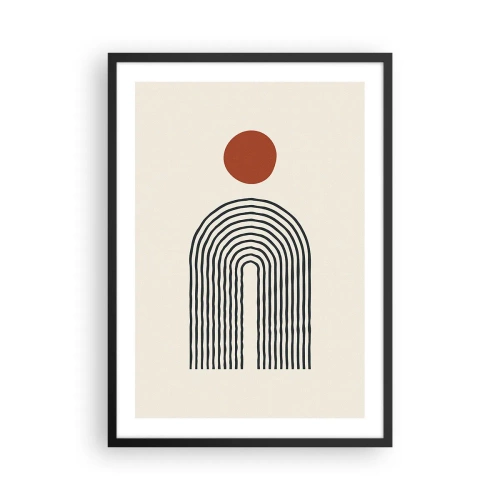 Plakat i sort ramme - Geometrisk abstraktion med en lineær bue og en rød cirkel. - 50x70cm - Magnetisme af former og farver - Moderne vægdekoration til stue og soveværelse ARTTOR