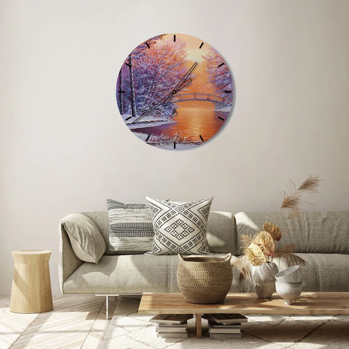 Vægur, Uret - Vinterlandskab med en bro over en flod, træer og sne - 30x30cm - Lad os mødes her - Moderne vægdekoration til stue, køkken og soveværelse ARTTOR