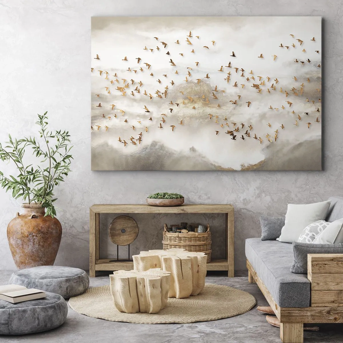 Lærredstryk - Billede på lærred - Gyldne fugle mod de tågede bjerge - 70x50cm - Det er på tide... - Moderne vægdekoration til stue og soveværelse ARTTOR