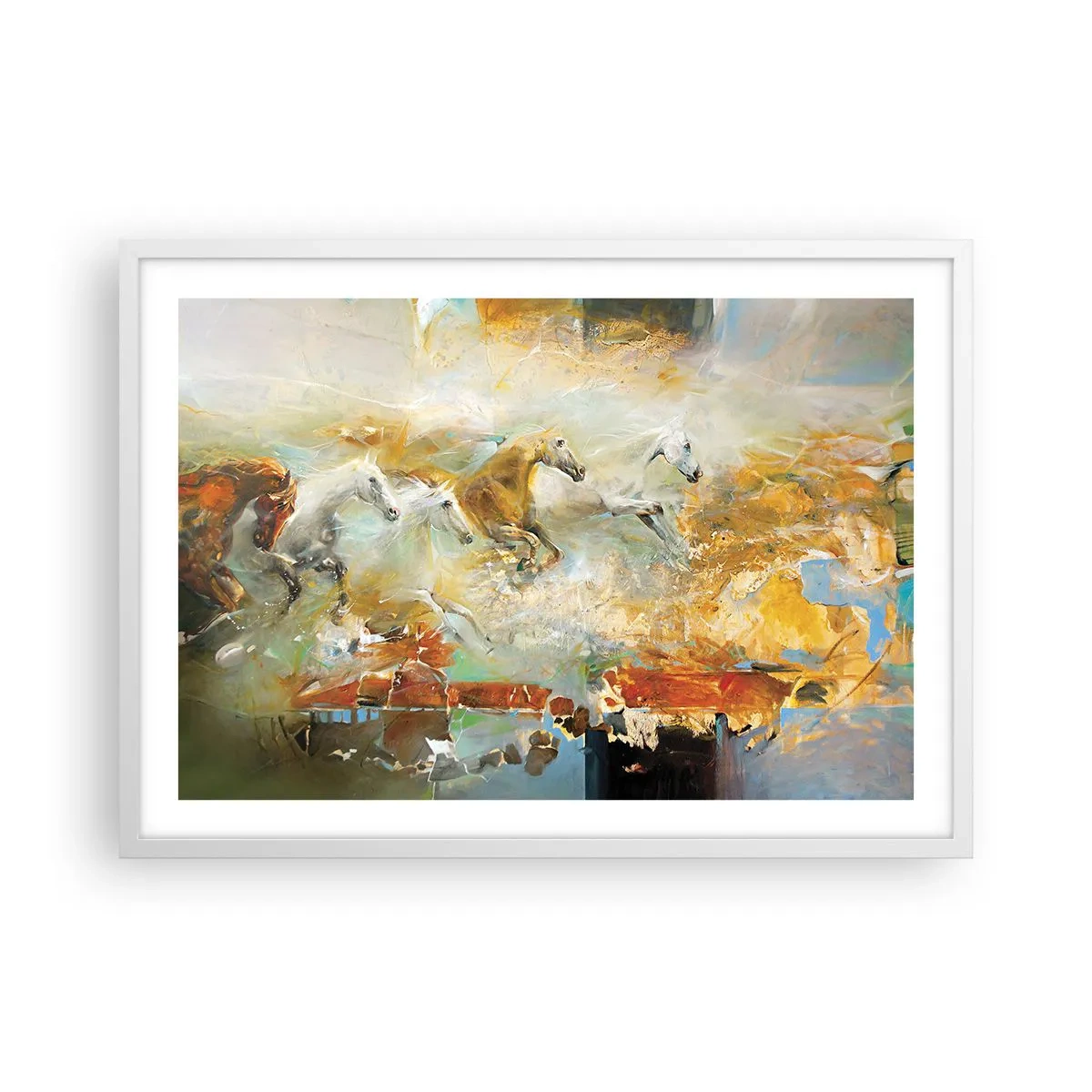 Plakat i hvid ramme - Galopperer gennem lyset - 70x50 cm